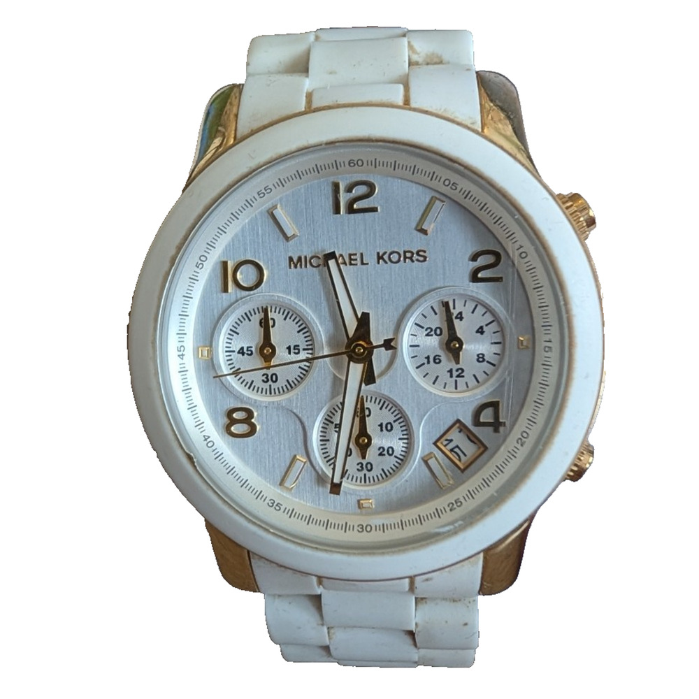 Michael Kors Watch White MK5145 Runway Chronograph Steel Fashion Boyfriend 2000s